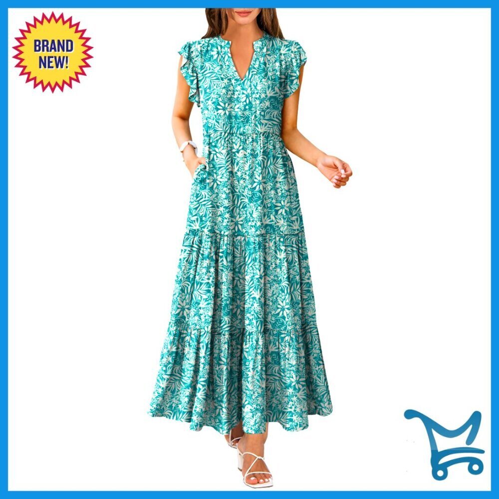 Summer Casual Maxi Dress V Neck Ruffle Sleeve Flowy Tiered Boho Beach